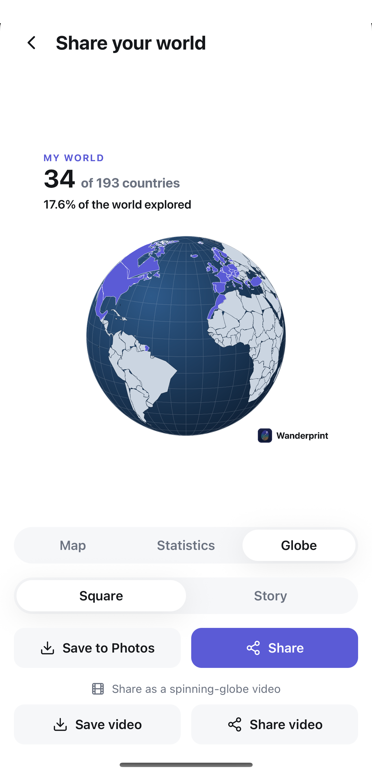 Share your visited countries as a spinning globe or video